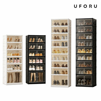 UFORU Foldable Shoe Cabinet with Magnetic Transparent Doors, 9‑Tier Holds 18 Pairs, No‑Assembly Stackable Plastic Shoe Rack, Large Capacity Space‑Saving Storage Organizer