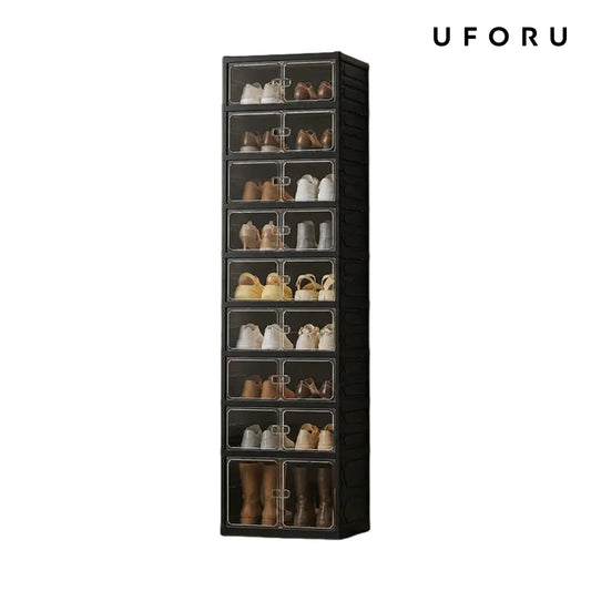 UFORU Foldable Shoe Cabinet with Magnetic Transparent Doors, 9‑Tier Holds 18 Pairs, No‑Assembly Stackable Plastic Shoe Rack, Large Capacity Space‑Saving Storage Organizer