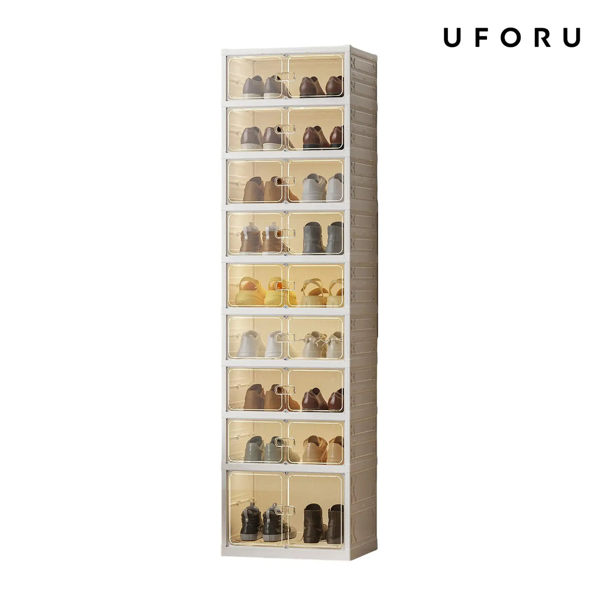 UFORU Foldable Shoe Cabinet with Magnetic Transparent Doors, 9‑Tier Holds 18 Pairs, No‑Assembly Stackable Plastic Shoe Rack, Large Capacity Space‑Saving Storage Organizer