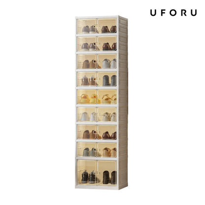 UFORU Foldable Shoe Cabinet with Magnetic Transparent Doors, 9‑Tier Holds 18 Pairs, No‑Assembly Stackable Plastic Shoe Rack, Large Capacity Space‑Saving Storage Organizer