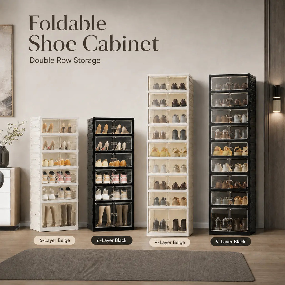 UFORU Foldable Shoe Cabinet with Magnetic Transparent Doors, 9‑Tier Holds 18 Pairs, No‑Assembly Stackable Plastic Shoe Rack, Large Capacity Space‑Saving Storage Organizer