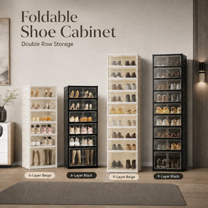 UFORU Foldable Shoe Cabinet with Magnetic Transparent Doors, 9‑Tier Holds 18 Pairs, No‑Assembly Stackable Plastic Shoe Rack, Large Capacity Space‑Saving Storage Organizer