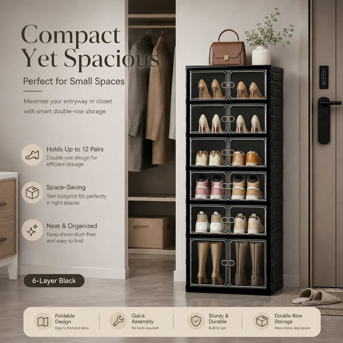 UFORU Foldable Shoe Cabinet with Magnetic Transparent Doors, 9‑Tier Holds 18 Pairs, No‑Assembly Stackable Plastic Shoe Rack, Large Capacity Space‑Saving Storage Organizer