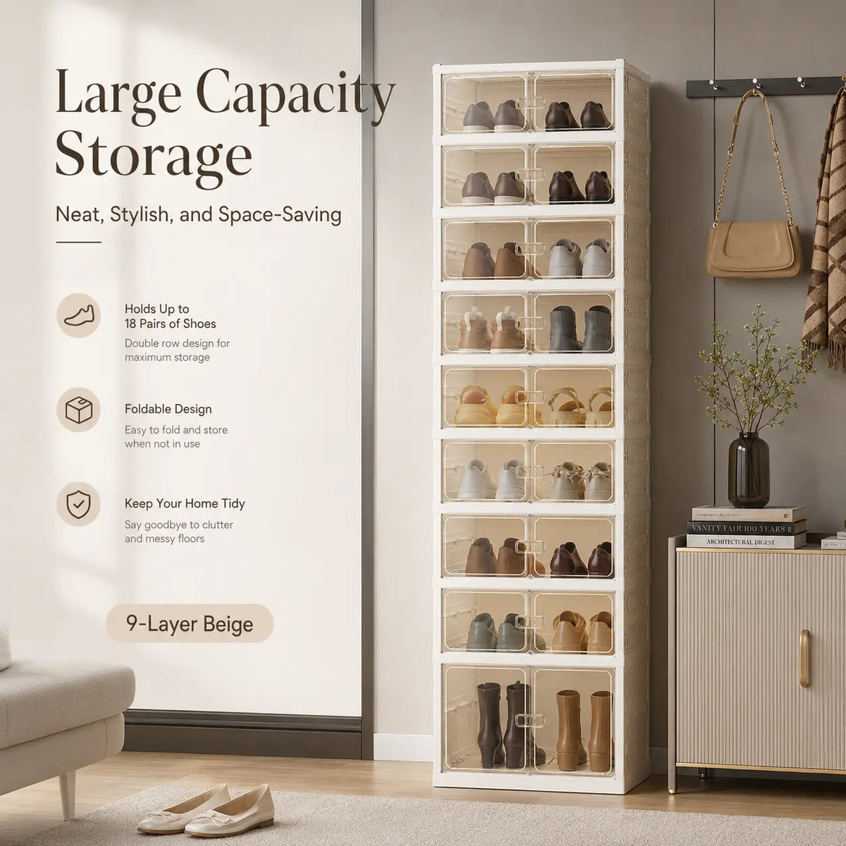 UFORU Foldable Shoe Cabinet with Magnetic Transparent Doors, 9‑Tier Holds 18 Pairs, No‑Assembly Stackable Plastic Shoe Rack, Large Capacity Space‑Saving Storage Organizer