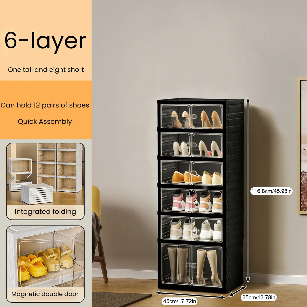UFORU Foldable Shoe Cabinet with Magnetic Transparent Doors, 9‑Tier Holds 18 Pairs, No‑Assembly Stackable Plastic Shoe Rack, Large Capacity Space‑Saving Storage Organizer