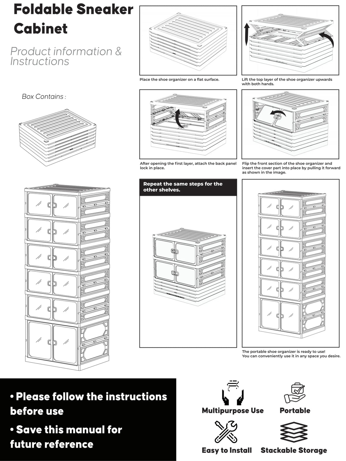 UFORU Foldable Shoe Cabinet with Magnetic Transparent Doors, 9‑Tier Holds 18 Pairs, No‑Assembly Stackable Plastic Shoe Rack, Large Capacity Space‑Saving Storage Organizer