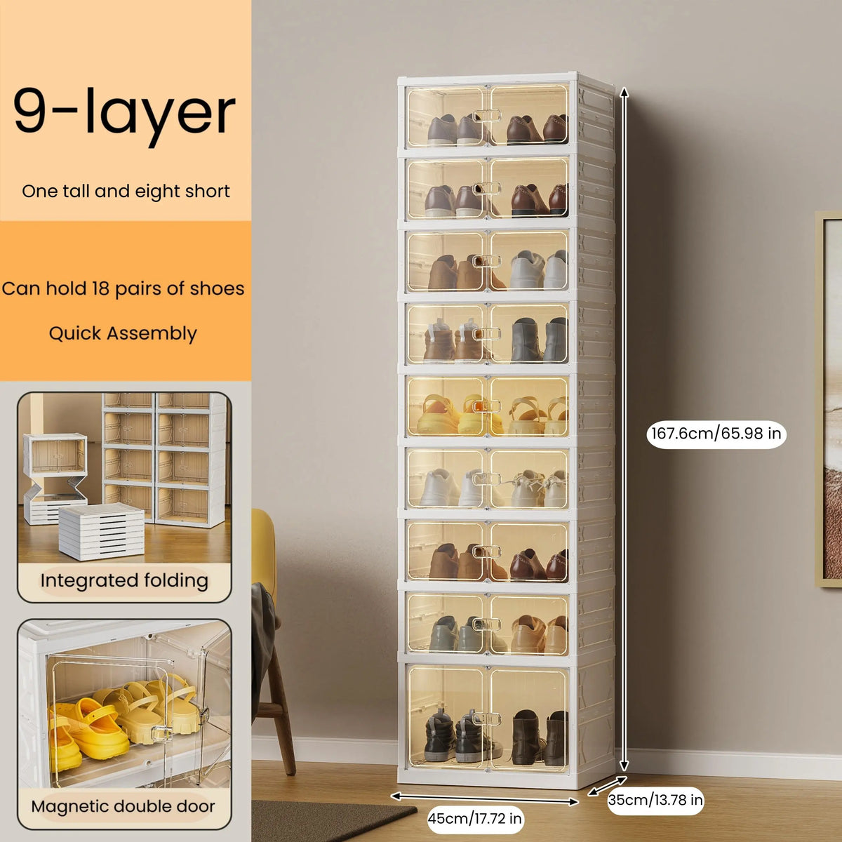 UFORU Foldable Shoe Cabinet with Magnetic Transparent Doors, 9‑Tier Holds 18 Pairs, No‑Assembly Stackable Plastic Shoe Rack, Large Capacity Space‑Saving Storage Organizer
